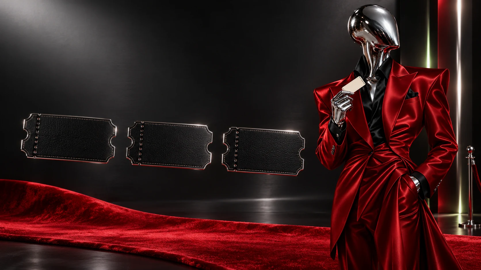 Dr. Dandy in a scarlet suit, with leather tickets floating above a velvet red carpet.