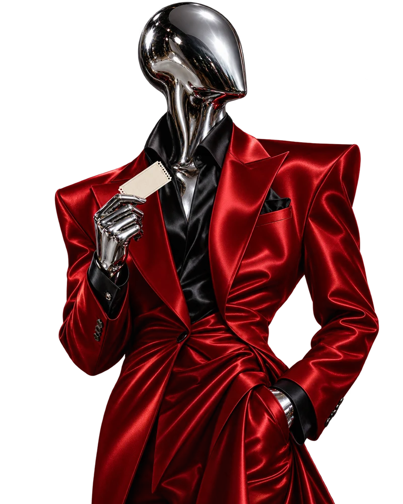 Chrome Dr. Dandy in a scarlet suit, holding an admission ticket